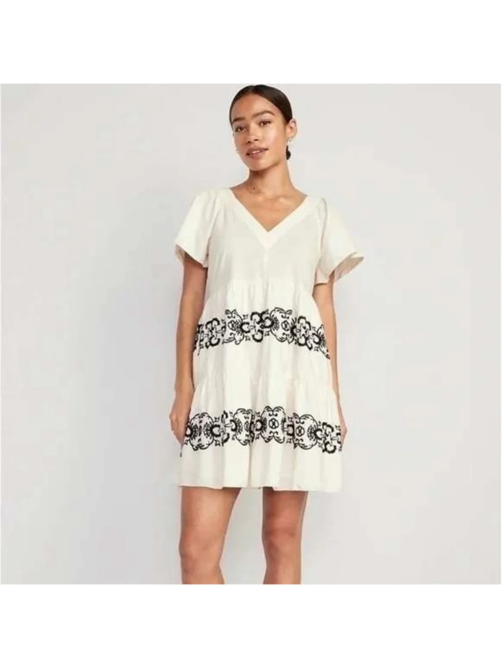 Old Navy Ivory Embroidered Flutter Sleeve Mini Dress Sz L Tall